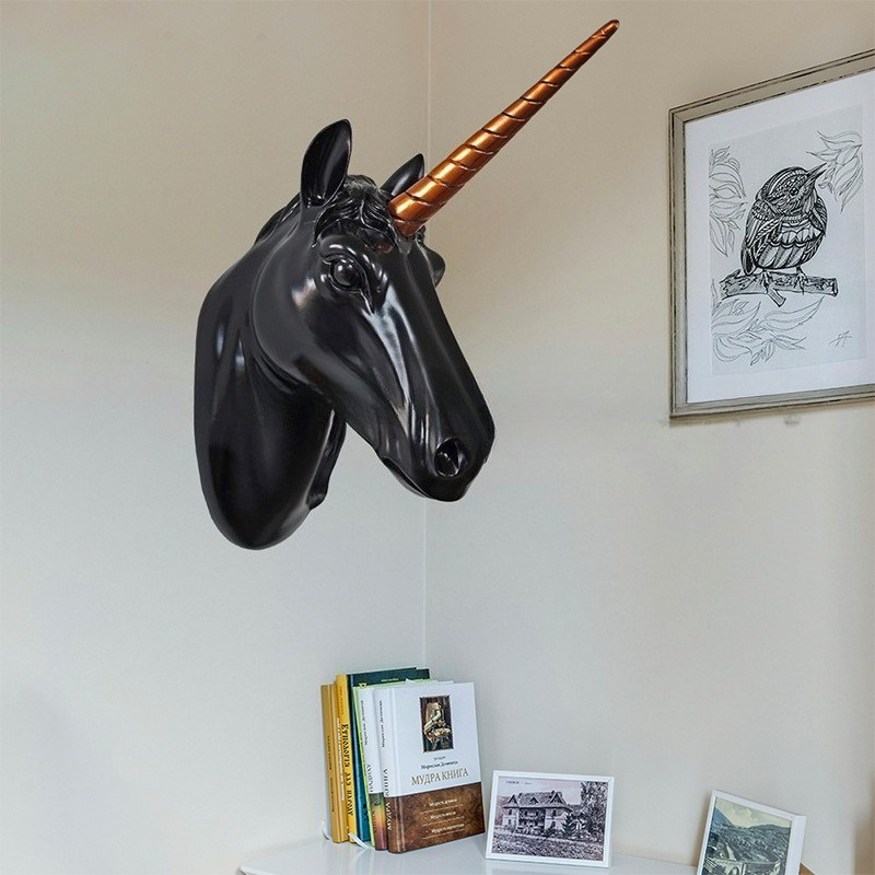 Background Resin Art - ユニコーン馬の頭の形をしたウォールアート、樹脂製3Dアニマルマウント、リビングルーム、玄関の背景装飾、クリエイティブな家の装飾品