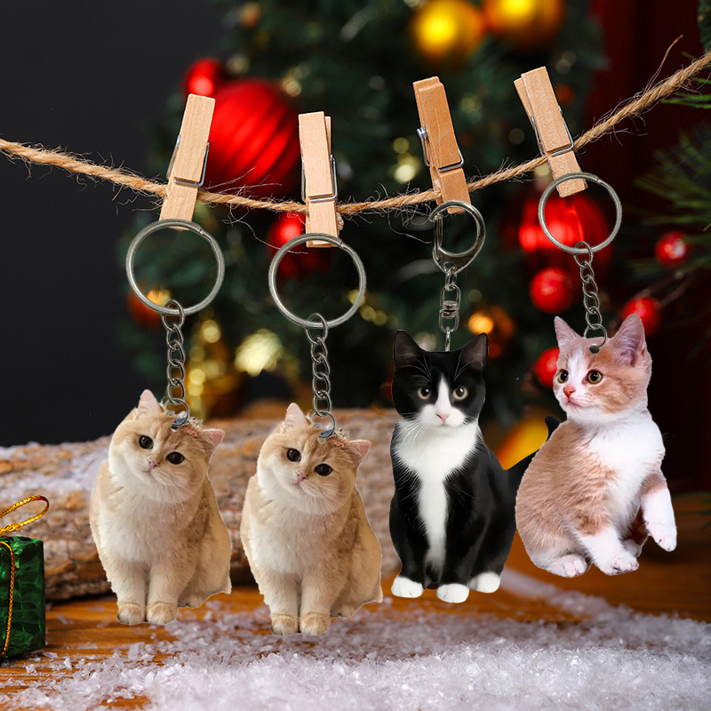 Resin Art Design Keychain - 黒と白の猫キーホルダー 2d アクリル猫ペンダント両面デザイン動物キーリングチャームバックパック & ギフト家の装飾