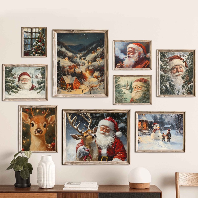 Xmas Resin Art - ヴィンテージクリスマスウォールアートプリント、サンタクロースと雪の上のツリー、冬のホリデー絵画、居心地の良いお祝いの家の装飾（クリスマス）