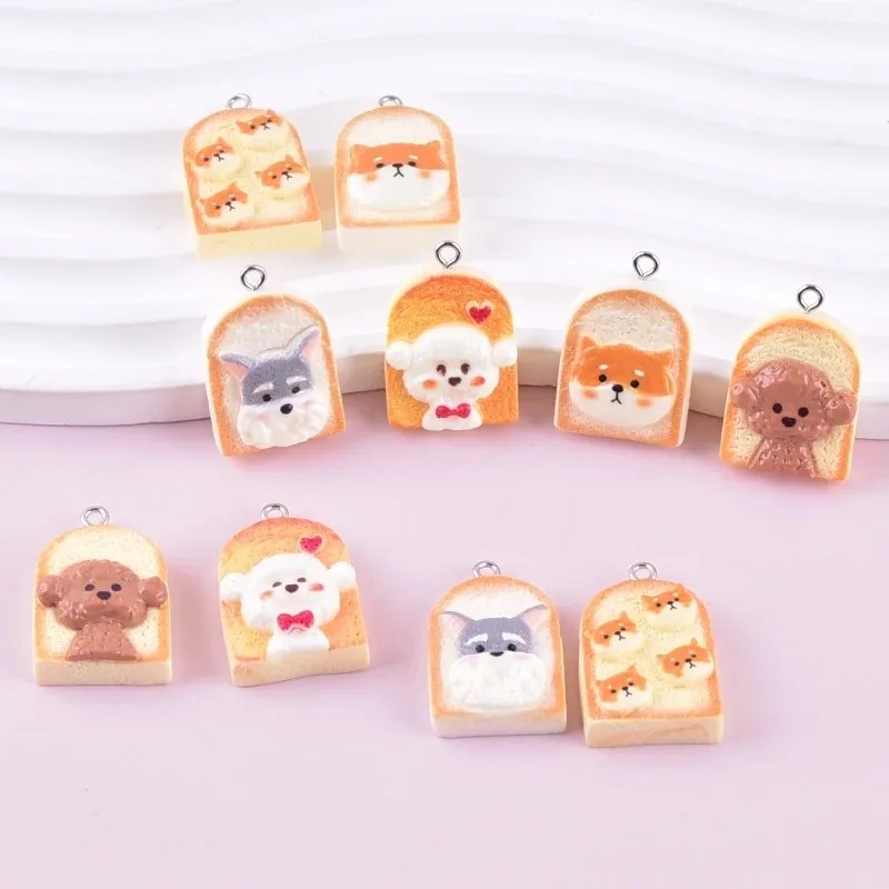 Resin Art Things - 10 個かわいいトースト犬樹脂ペンダント漫画動物チャーム DIY クラフト用品イヤリングキーホルダーファッションジュエリー装飾