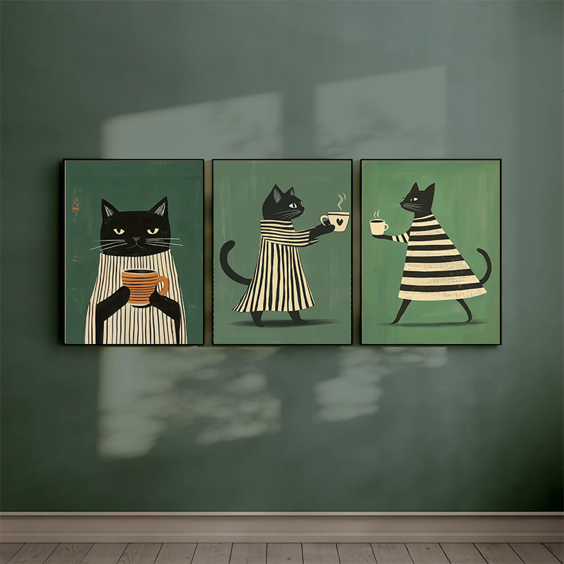 Background Resin Art - かわいいストライプの黒猫コーヒーをテーマにしたダイヤモンドウォールアートセット、漫画猫のポスター、緑の背景、キッチンやカフェの装飾に最適