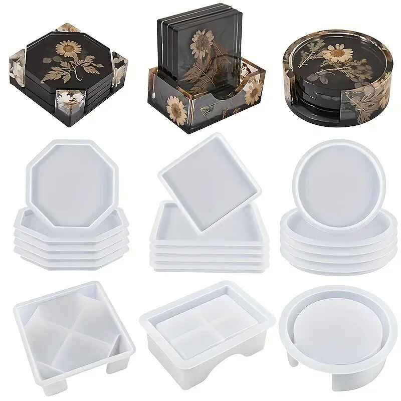 Resin Art Equipment - コースター樹脂モールドセットには、コースター収納ボックスモールド1個、エポキシ樹脂用シリコーン樹脂コースターモールド4個が含まれます。