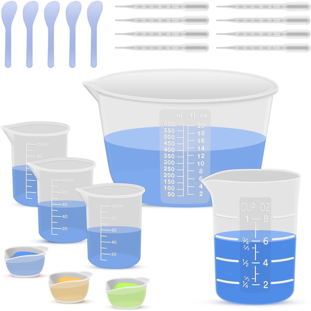 Resin Mixing Cup - シリコン樹脂混合計量カップまたは樹脂用品、600ml/20ozボウル、エポキシ用250mlと100mlの厚みのある再利用可能なシリコンカップ