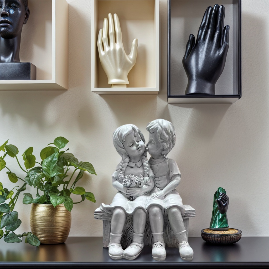 Resin Art Aesthetic - かわいい男の子と女の子の樹脂製像、ベンチに座るカップルの置物、美的な家のデスクトップ装飾、庭の庭園アート