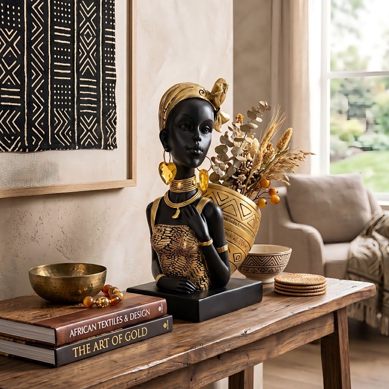 アフリカ部族芸術の樹脂製像、収納トレイ、金と黒の彫刻、玄関テ - Resin Art Table のレビューと価格