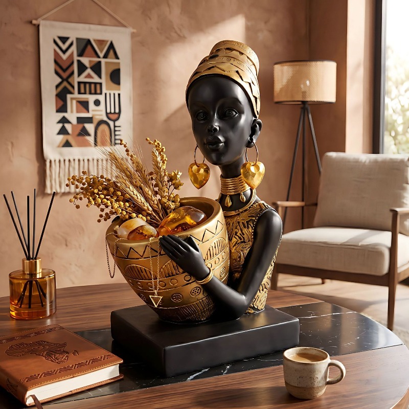 アフリカ部族芸術の樹脂製像、収納トレイ、金と黒の彫刻、玄関テ - Resin Art Table のレビューと価格