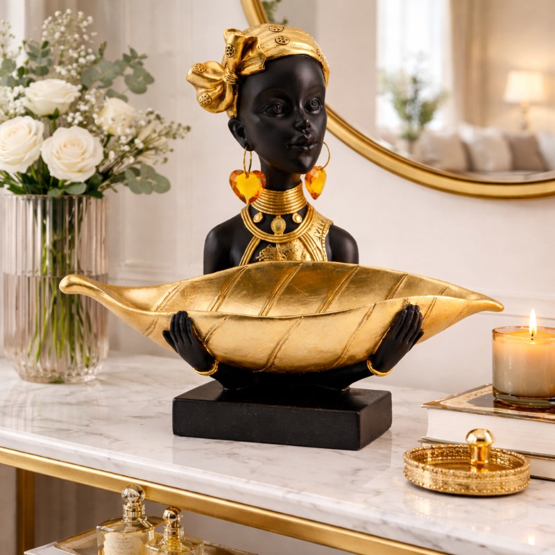 アフリカ部族芸術の樹脂製像、収納トレイ、金と黒の彫刻、玄関テ - Resin Art Table のレビューと価格
